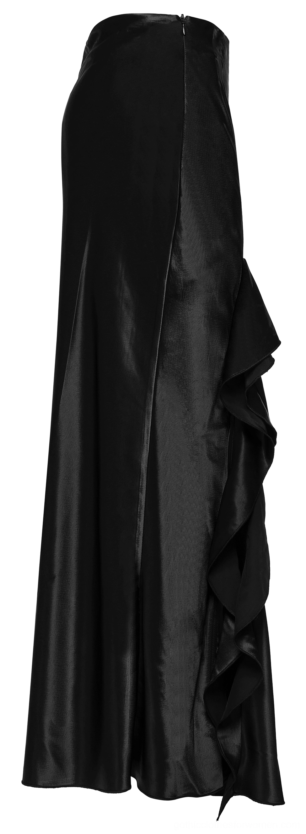 Side profile flat lay of black gothic maxi skirt showing flowing drape and ruffle details