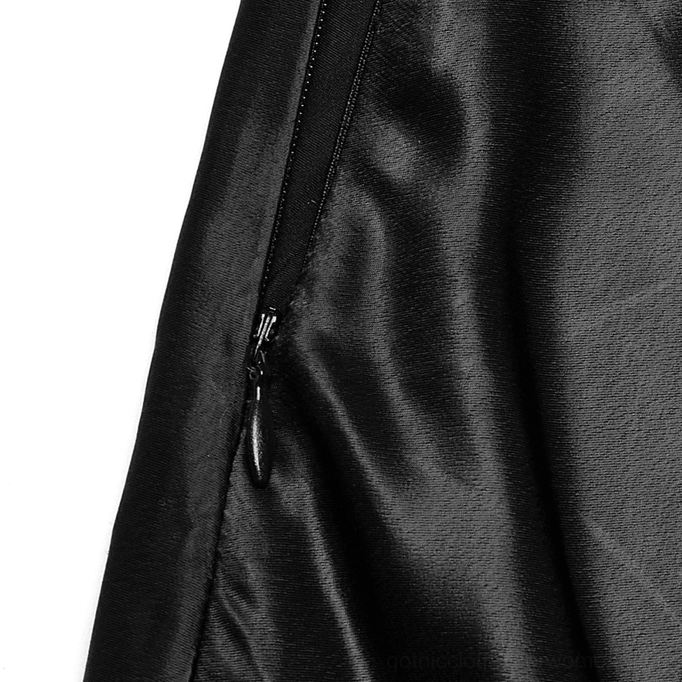 Close-up detail of concealed metal side zipper on black gothic satin skirt
