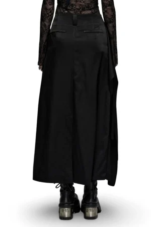 Black gothic maxi skirt back view showing rear slit and draped panels, Victorian goth aesthetic