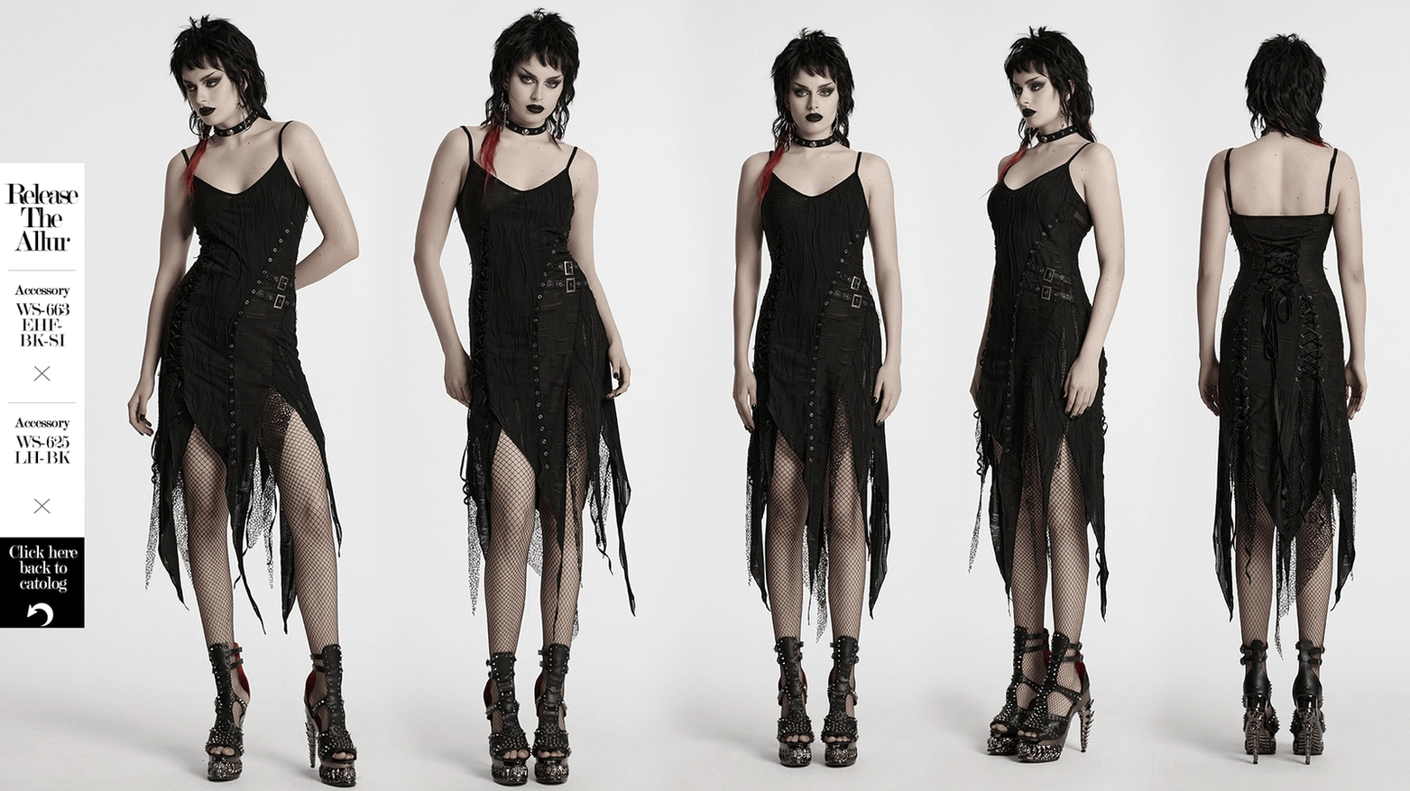 Black gothic asymmetric lace dress mannequin front shot with metal eyelet accents