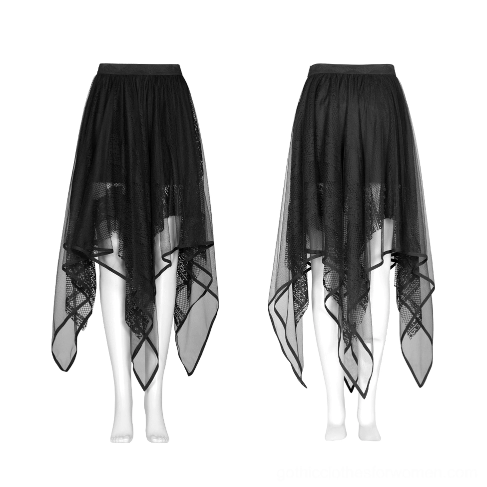 Black gothic asymmetric mesh and lace skirt on dress form mannequin front view showing lace trim and inner lining