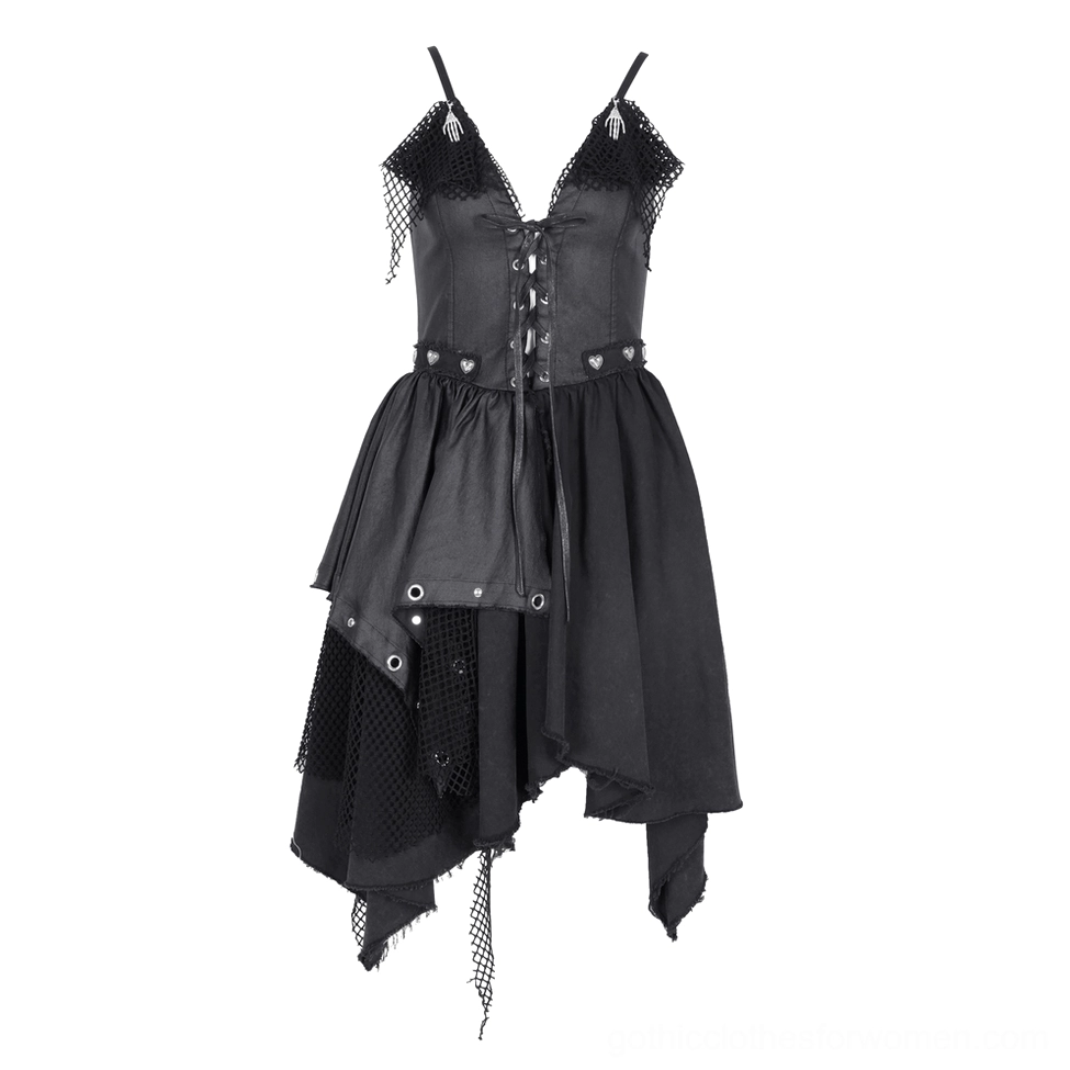 Full front view of black gothic slip dress with heart metal hardware and uneven hemline in studio setting