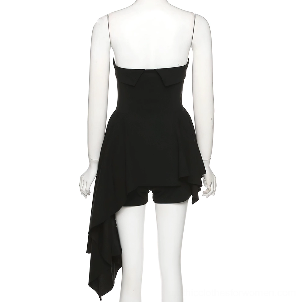 Black asymmetrical gothic mini dress back side view with flowing hem