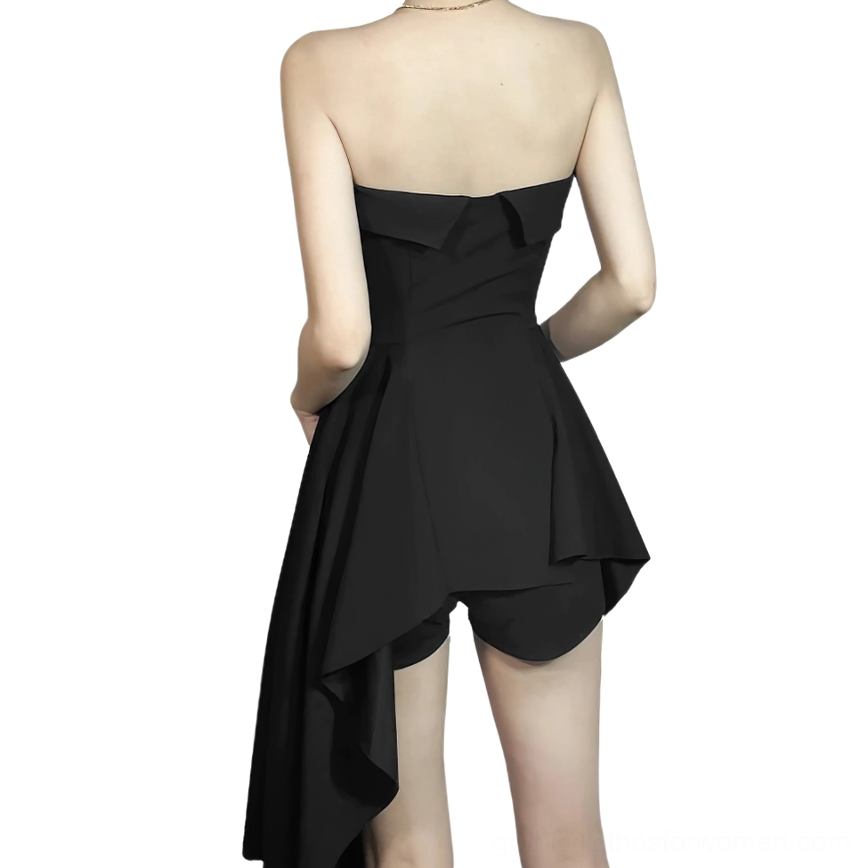 Black asymmetrical gothic dress backless design back view with built-in shorts