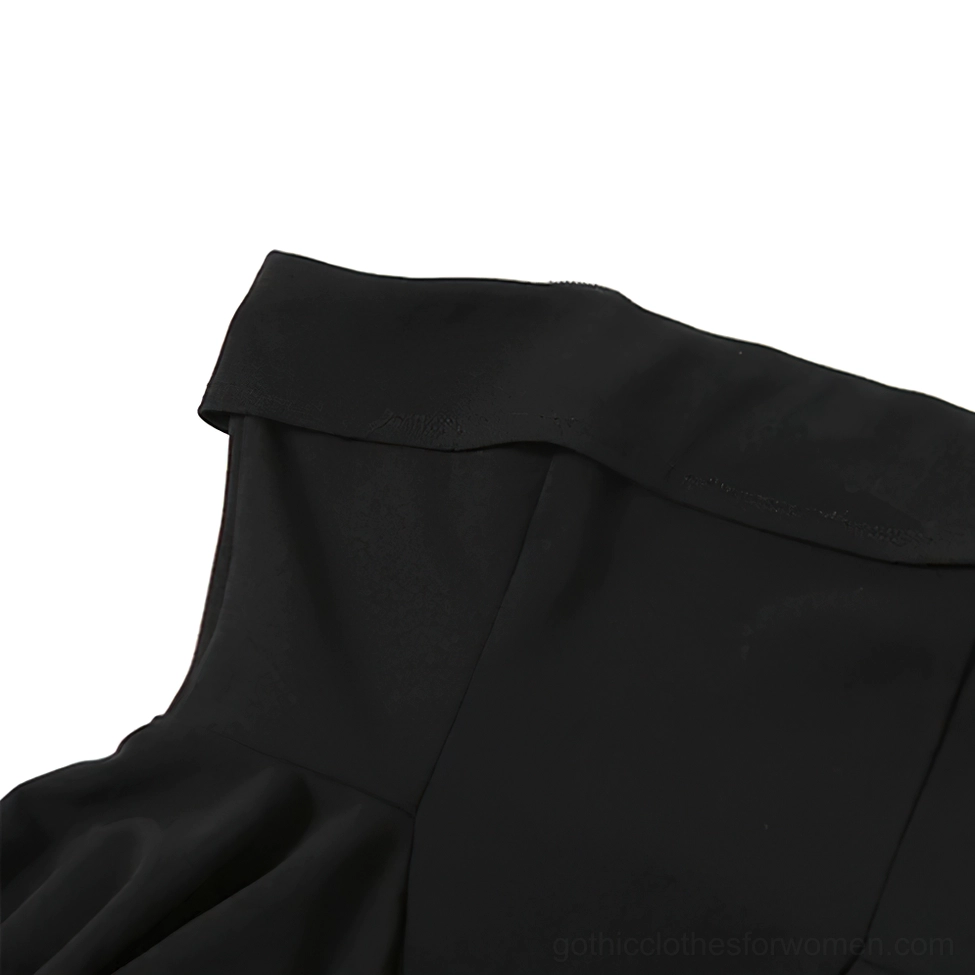 Black strapless asymmetrical gothic mini dress close-up detail view