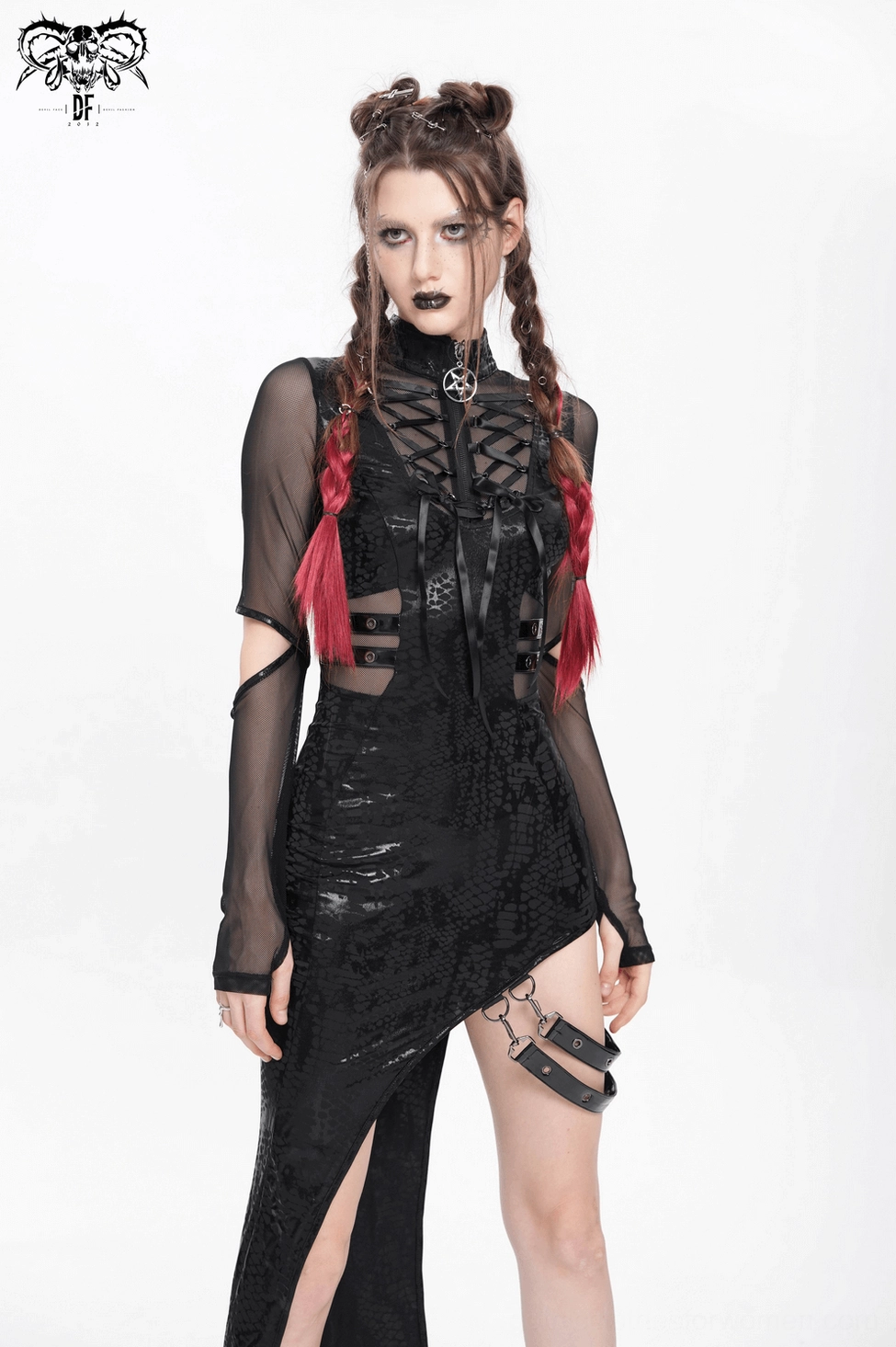 Black gothic asymmetrical dress overall proportions showing bodycon fit and dramatic silhouette on form