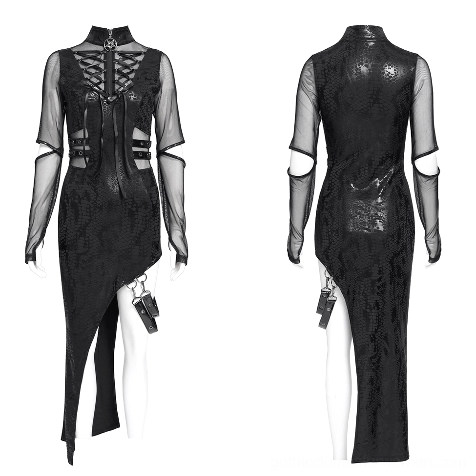 Black gothic asymmetrical dress on mannequin featuring pentagram collar, lace-up front, sheer mesh sleeves, and thigh pouch