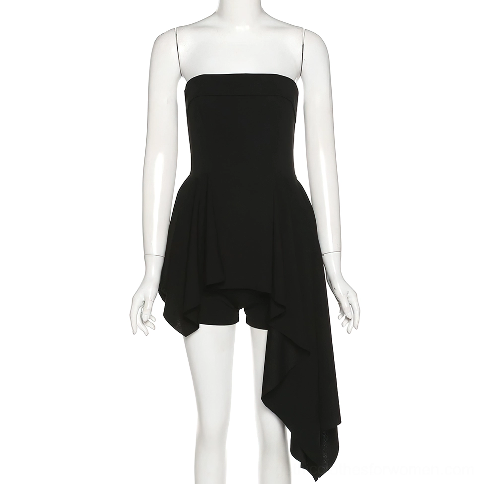Black gothic asymmetrical mini dress side front view with tube neckline