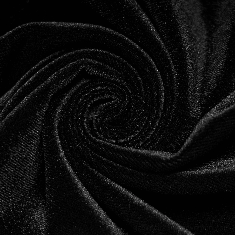 Black velvet gothic asymmetrical dress styling detail showing overall silhouette and fabric drape