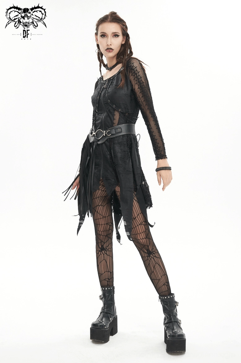 Black asymmetrical gothic mesh dress featuring strategic transparency and modern punk-inspired construction