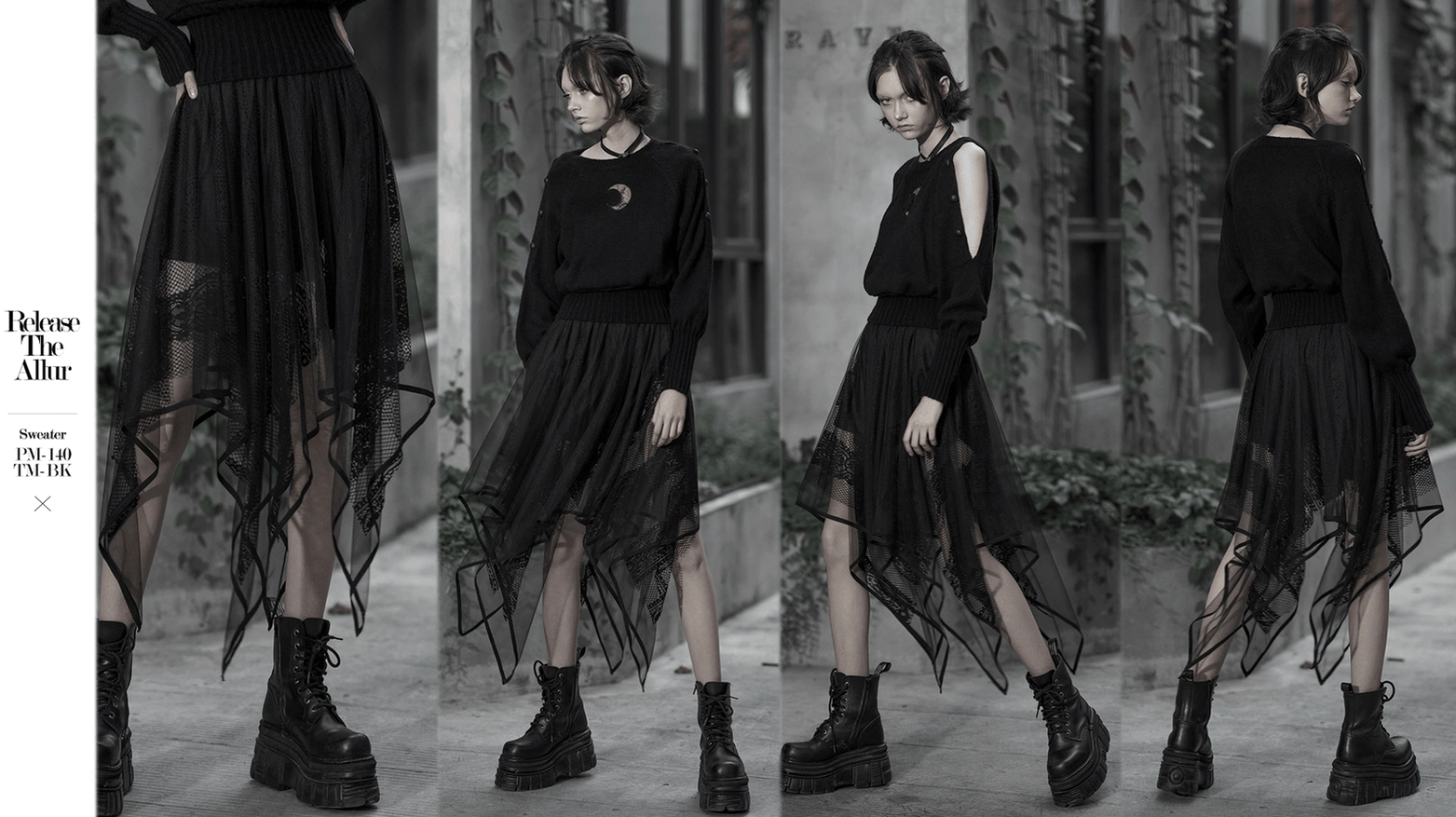 Black gothic asymmetrical mesh skirt alternative angle showing irregular hem and overall aesthetic