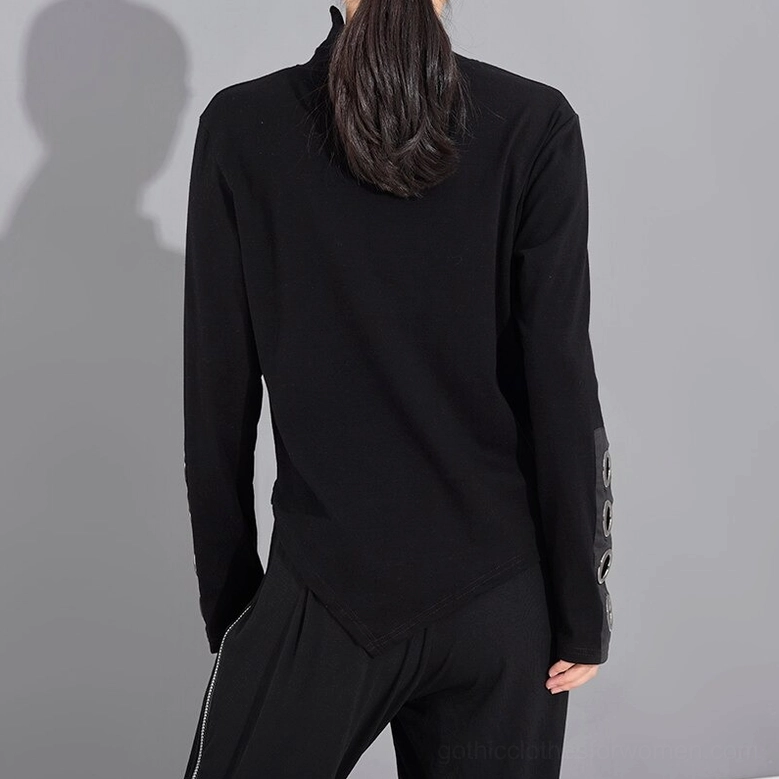 Women's black gothic asymmetrical top back view on model with ponytail, showing asymmetric back hemline and grommet details