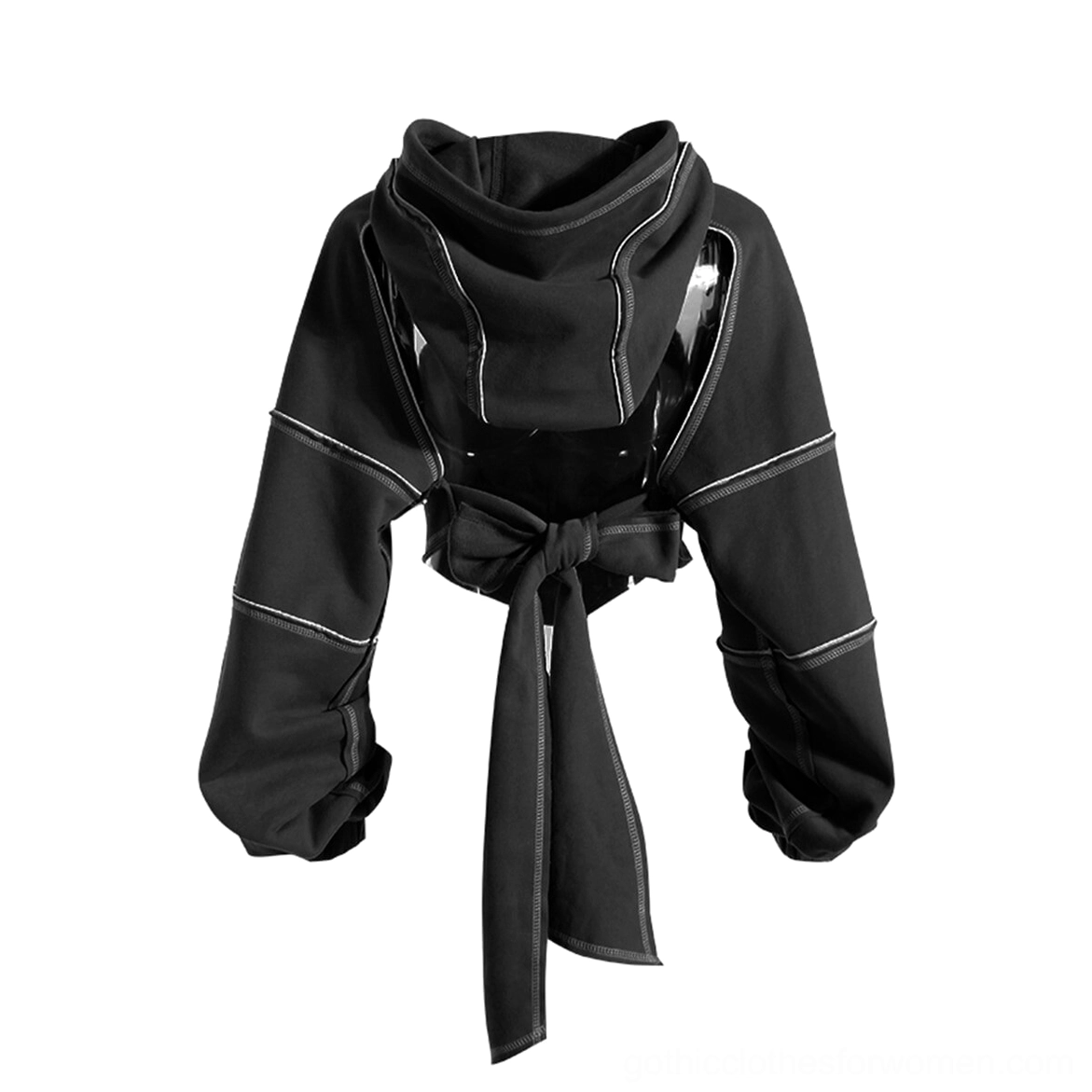 Black gothic backless hoodie flat lay back view displaying bow-tie sash and cropped bishop sleeves