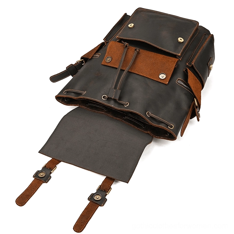 Black leather gothic backpack capacity demonstration product showcase