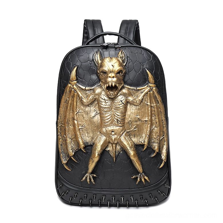 Black Rock Style Backpack with Gold Embossed Bat Motif, Crocodile Textured Faux Leather, and Studded Details