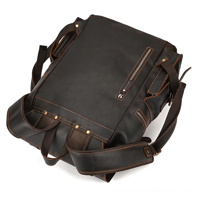 Black genuine leather gothic backpack with model scale reference