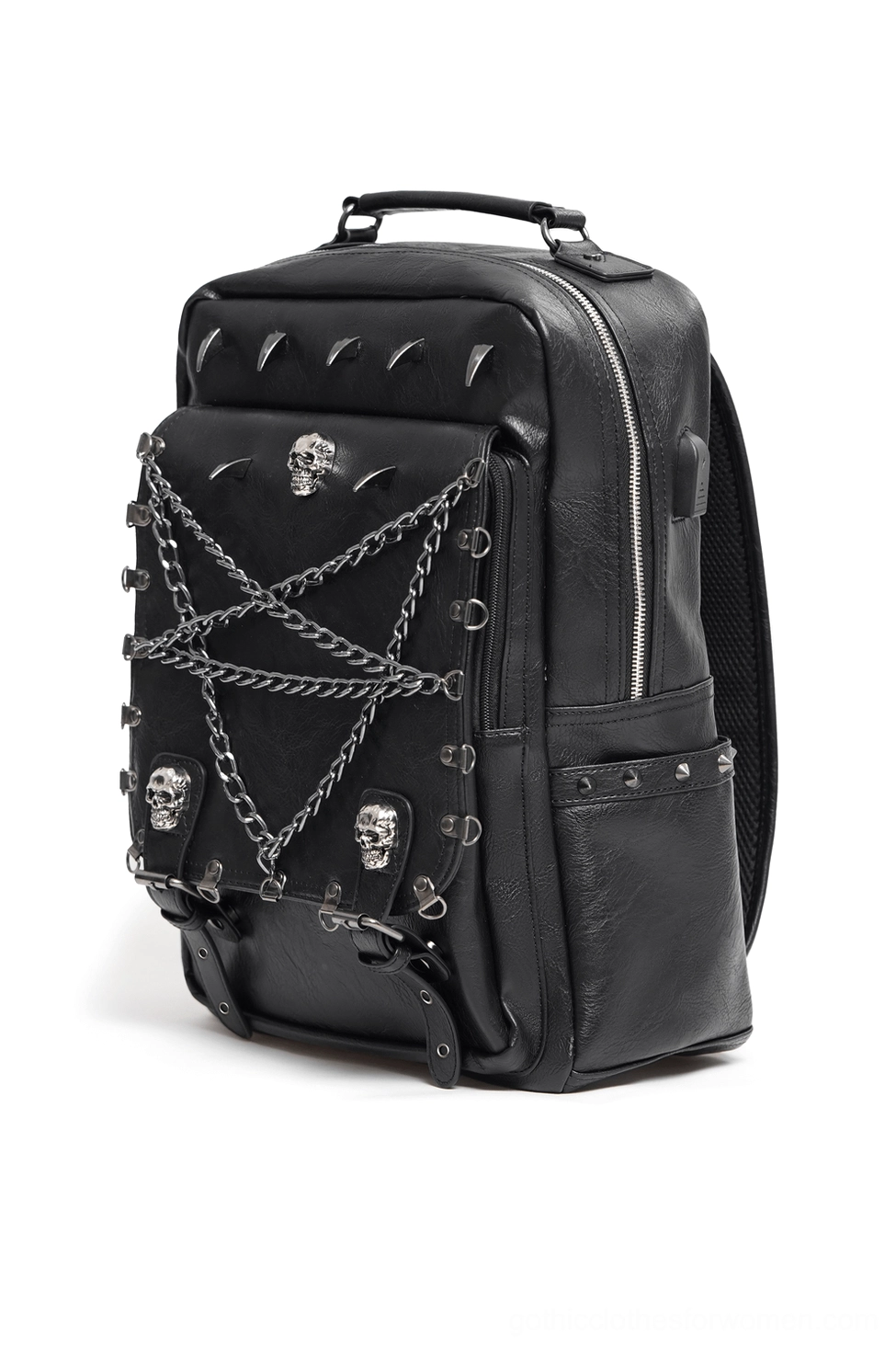 Front three-quarter view of black gothic backpack highlighting pentagram chains, side zipper pocket and skull studs