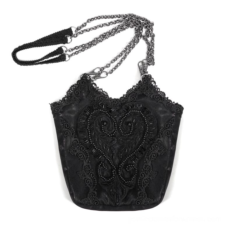 Front flat lay of black gothic bucket bag featuring dual-chain shoulder strap and floral guipure lace details