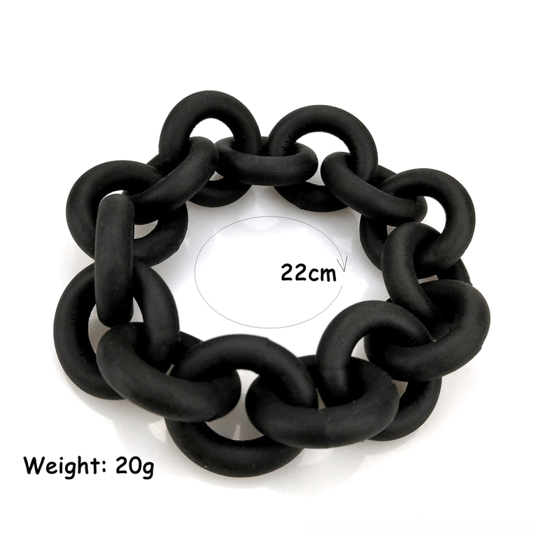 Handmade black rubber chain bangle displayed with measurements showing 22cm circumference and 20g weight, flat lay product shot