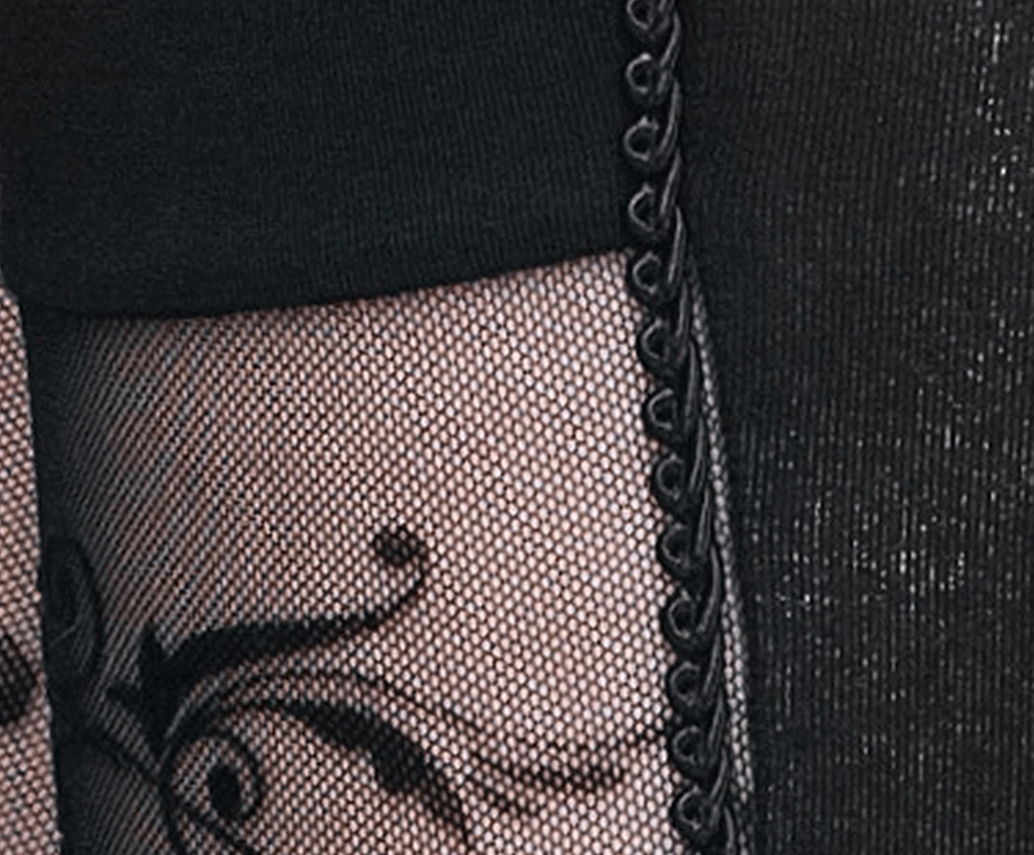 Black gothic leggings with baroque mesh panels and solid black waist, full-length product shot on white background
