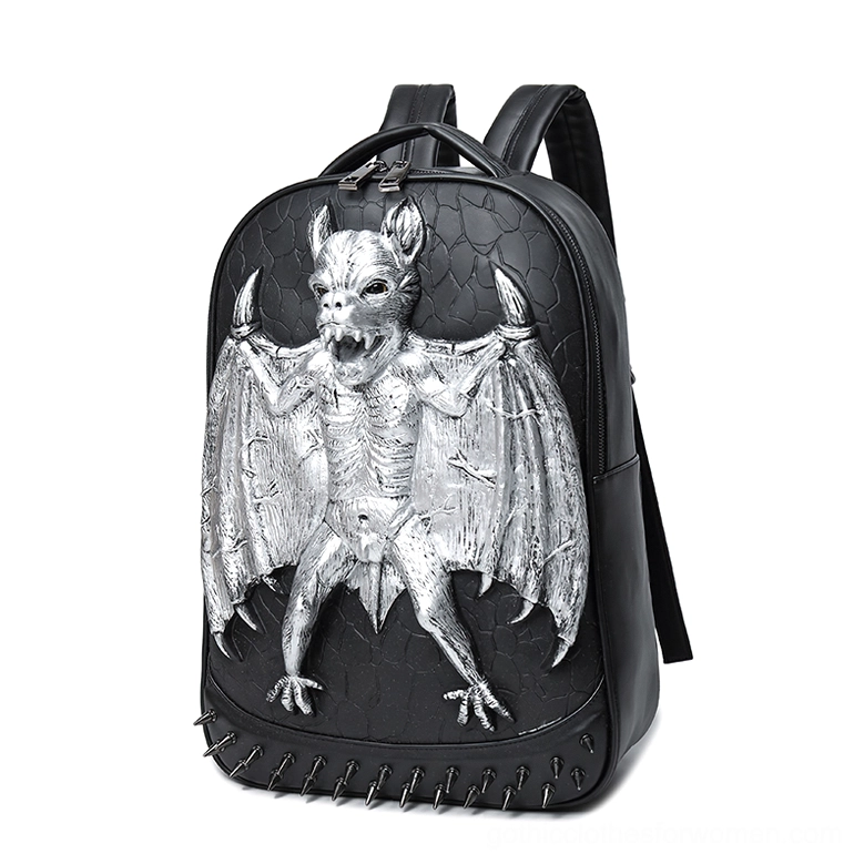 Black Gothic Bat Backpack with Silver Embossed Bat Emblem, Studded Rivet Trim, and Waterproof PU Leather - Front View
