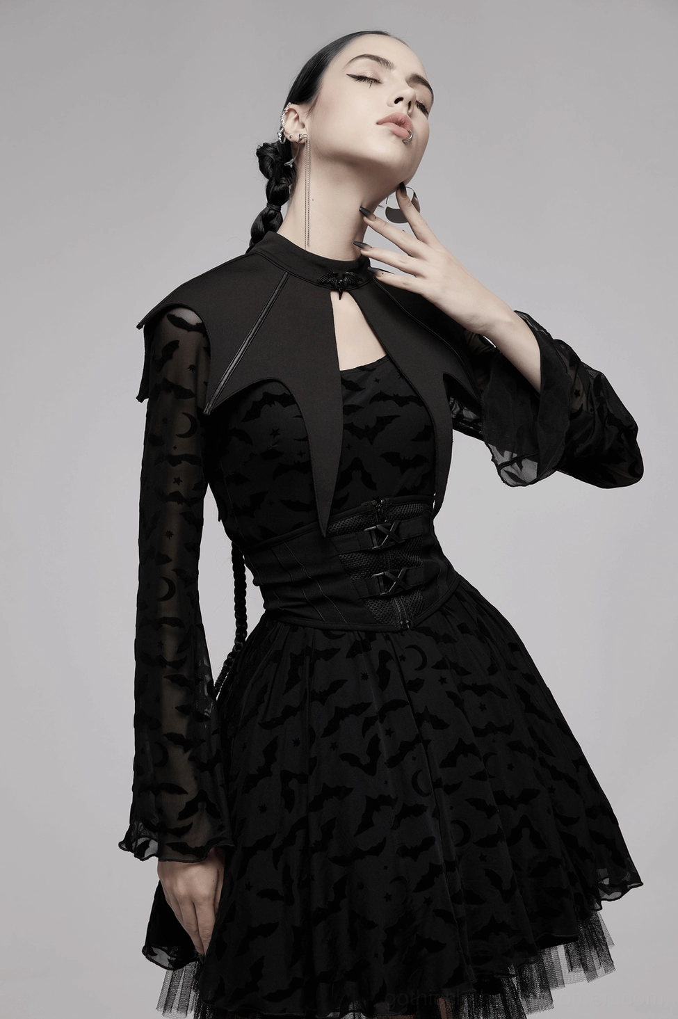 Black gothic bat cape full length view displaying complete wing and collar structure