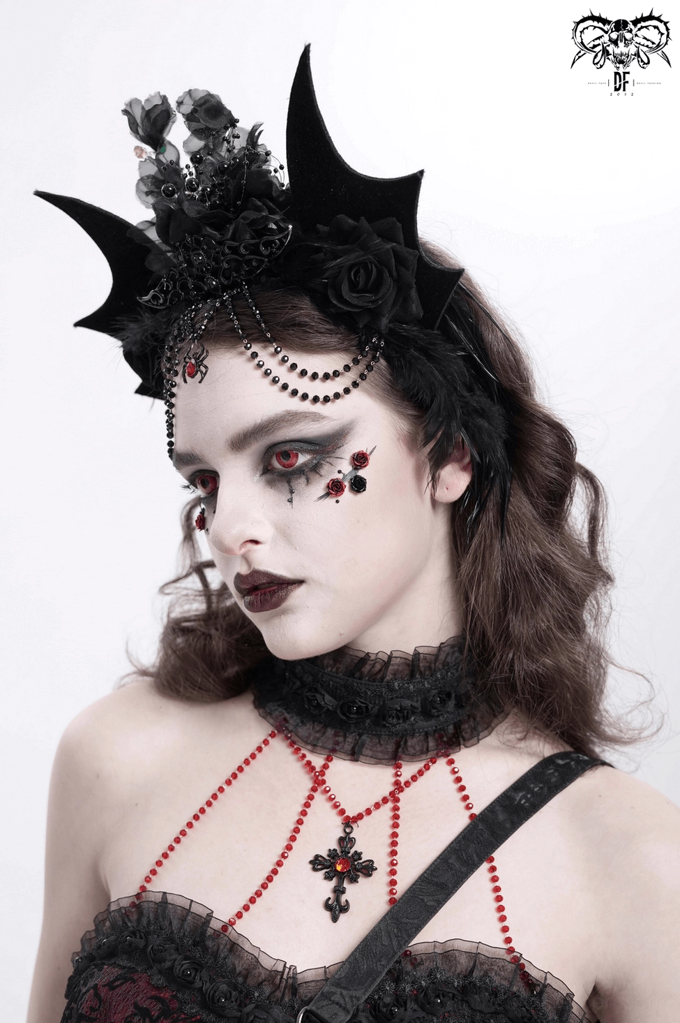 Black gothic bat crown headpiece main product shot on mannequin with full view of design elements