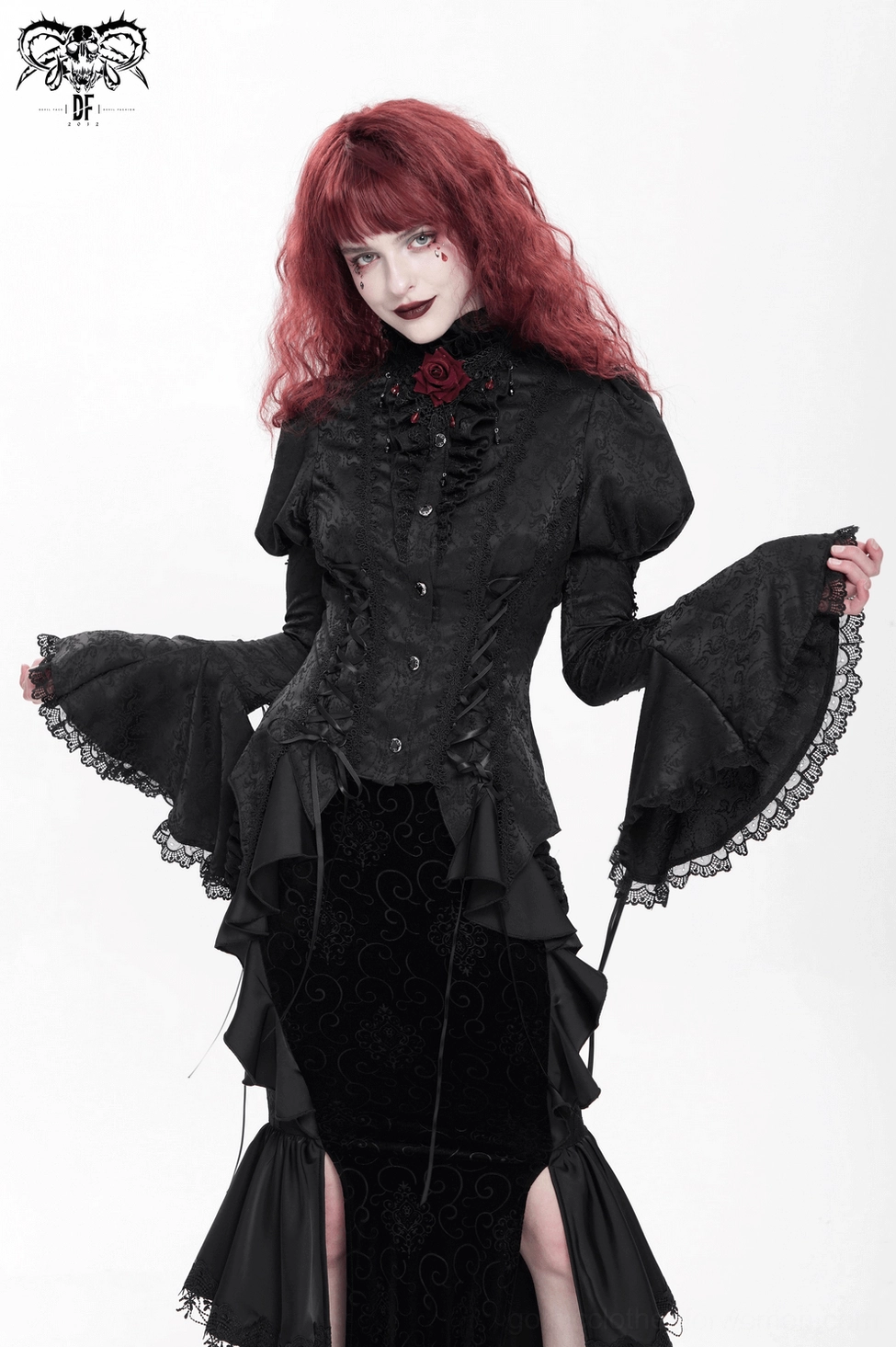 Black Gothic Lace-Up Bell Sleeve Blouse - Alternative Fashion Styling Inspiration