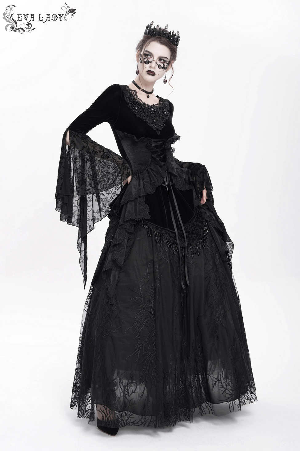 Black velvet gothic bell sleeve top showing sheer lace and floral embroidery detail