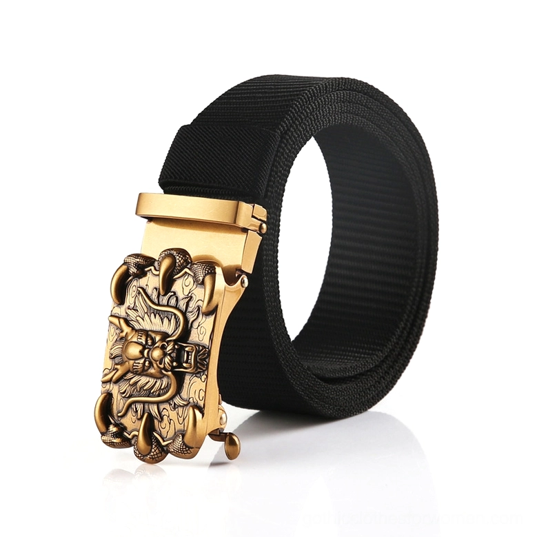 Black nylon gothic belt featuring intricate bronze dragon buckle and secure automatic mechanism