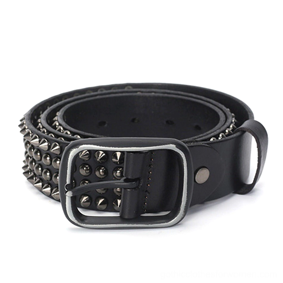 Black Gothic studded leather belt front flat lay with rectangular pin buckle and cone studs