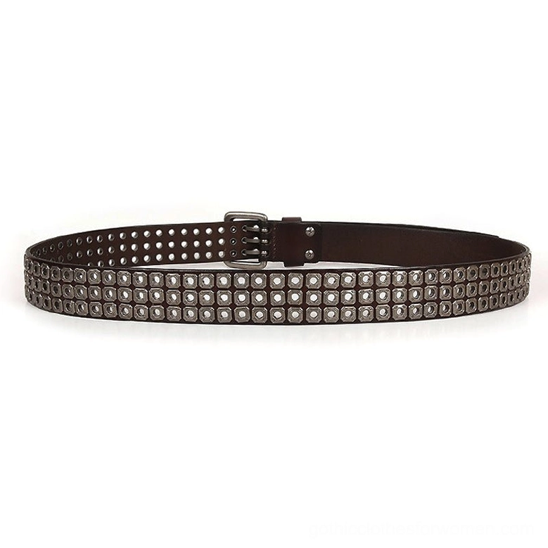 Gothic studded leather belt in black featuring metal rivets and industrial aesthetic for alternative lifestyle
