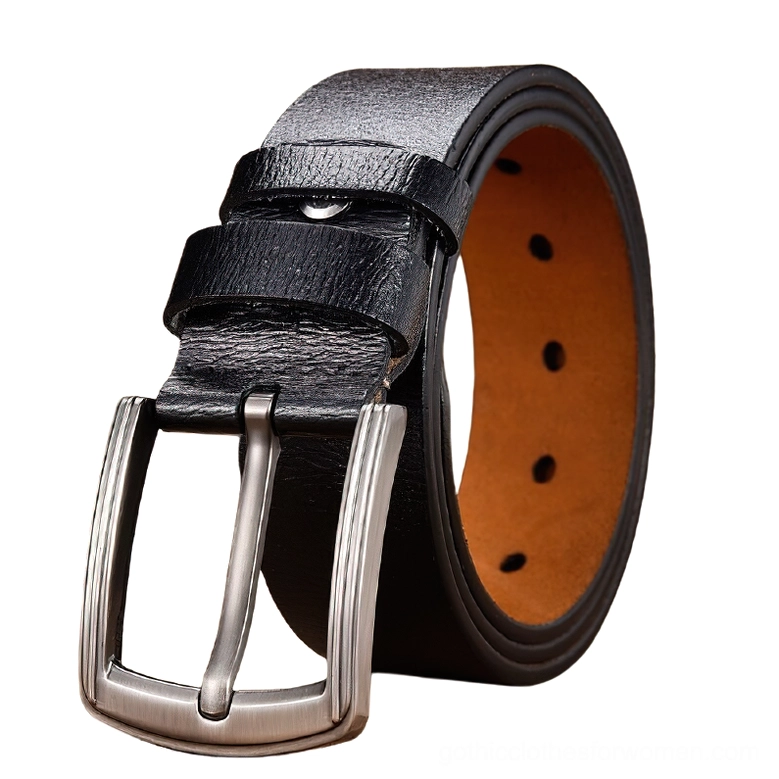 Black gothic leather belt with brushed silver metal buckle, side view on white background, showing pebbled texture and tan inner lining