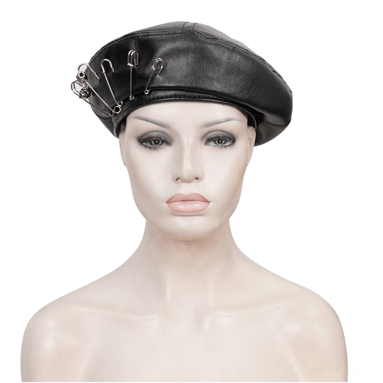 Black faux leather gothic beret on mannequin bust displaying front view with left-side safety pin decorations