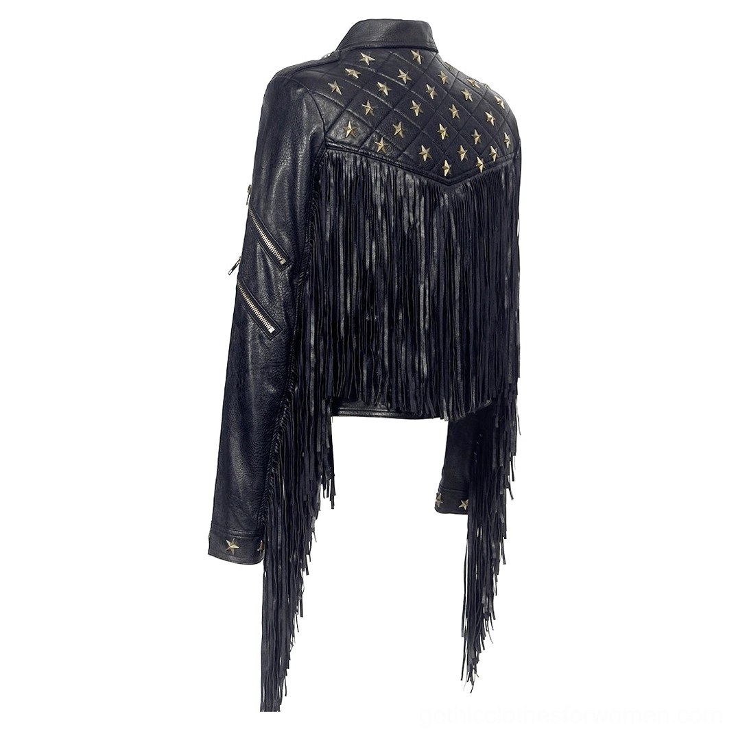 Black gothic biker jacket side rear angle displaying sleeve zippers, side tassels, and star stud cuff details