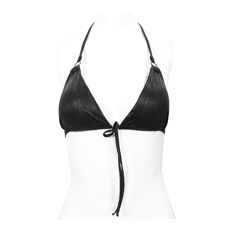 Black gothic triangle bikini top front flat lay on mannequin - V-neck tie-front closure with industrial metal accents