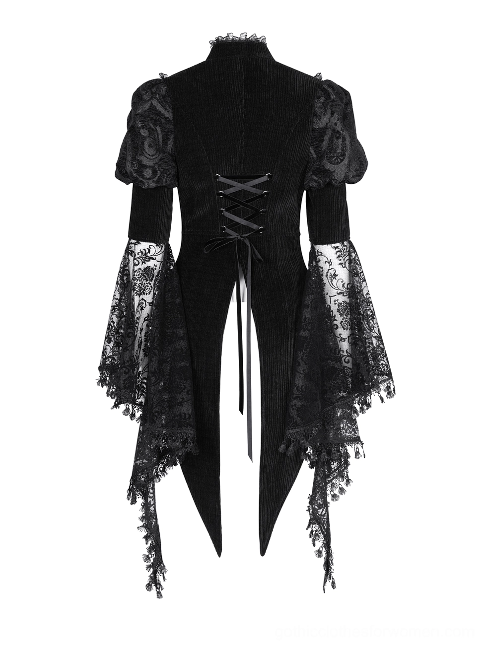 Black gothic Victorian lace blouse back mannequin display showing intricate corset lace-up closure and velvet panels