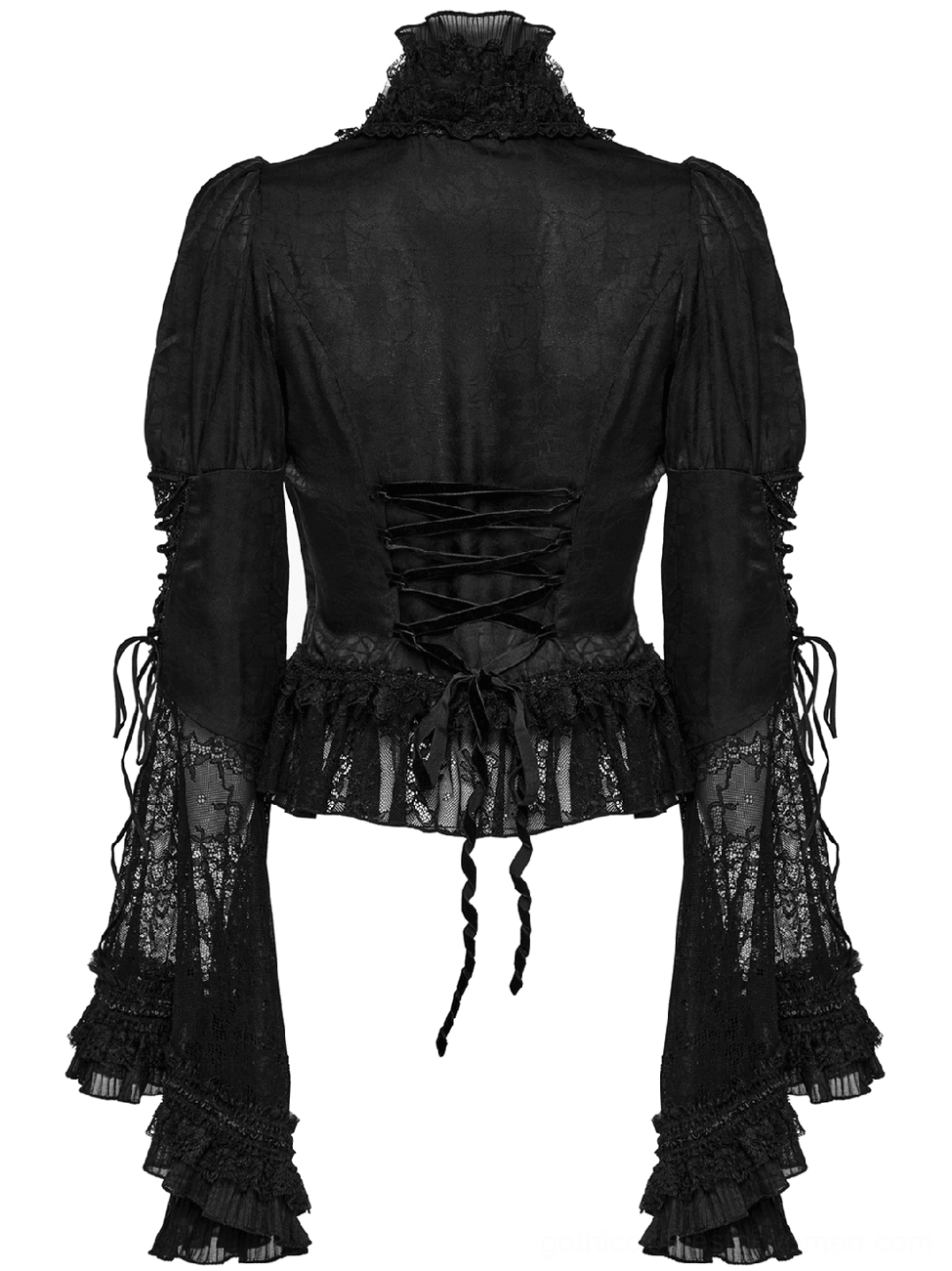 Black gothic blouse rear mannequin display with back corset lacing, ruffled high collar, and trumpet lace sleeves