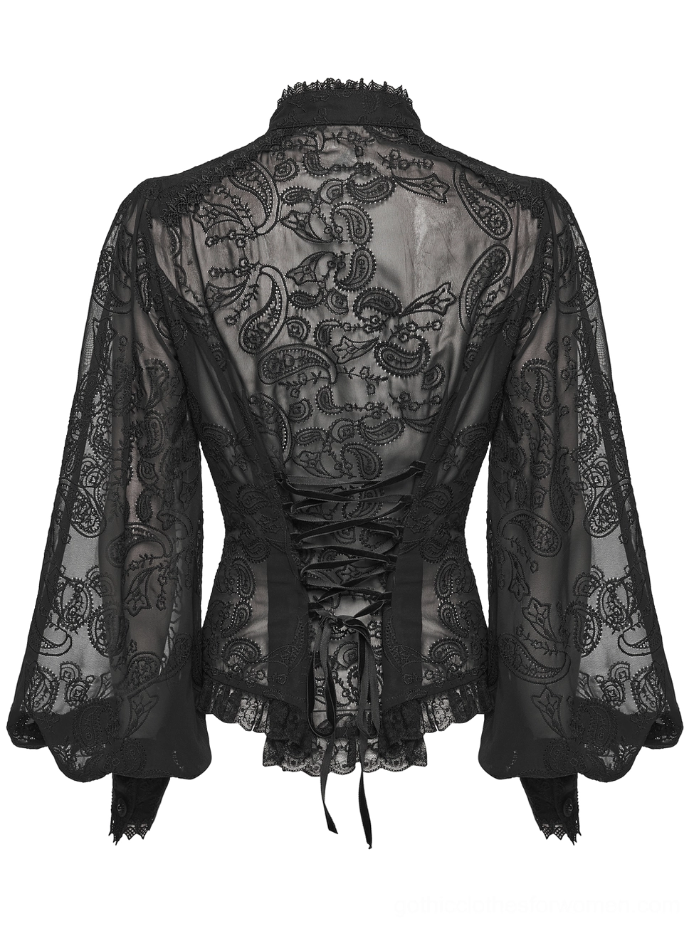 Black gothic blouse back flat lay - lace-up corset back with embroidered lace and ruffled hem