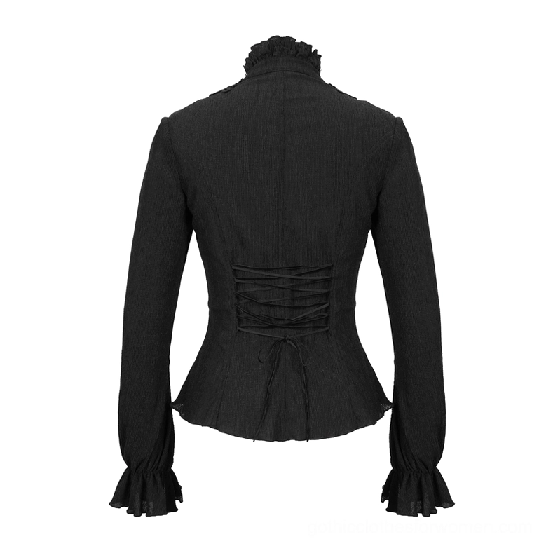 Black gothic blouse back flat lay, showing lace-up back detail and slim long sleeves