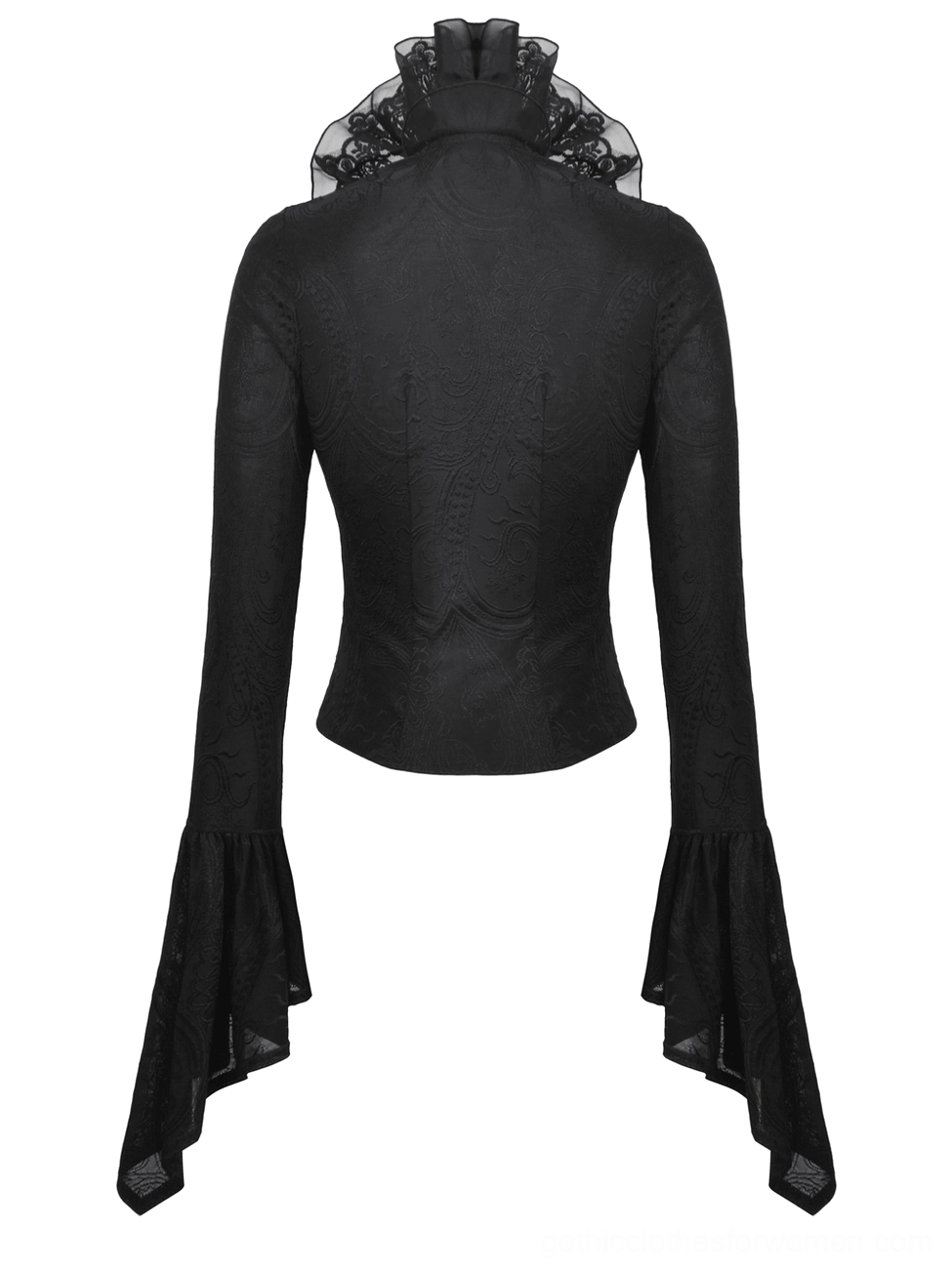 Back flat lay of black Victorian gothic long sleeve blouse displaying fitted back silhouette, high ruffled collar detail, flowing bell sleeves with lace trim