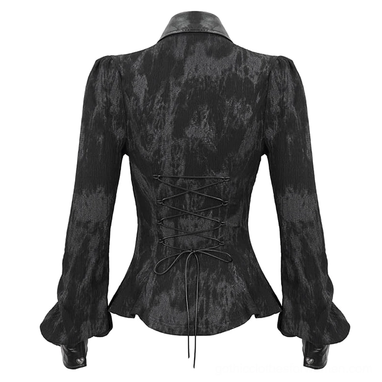 Black gothic blouse rear view showing intricate back lace-up corset detail and structured shoulders