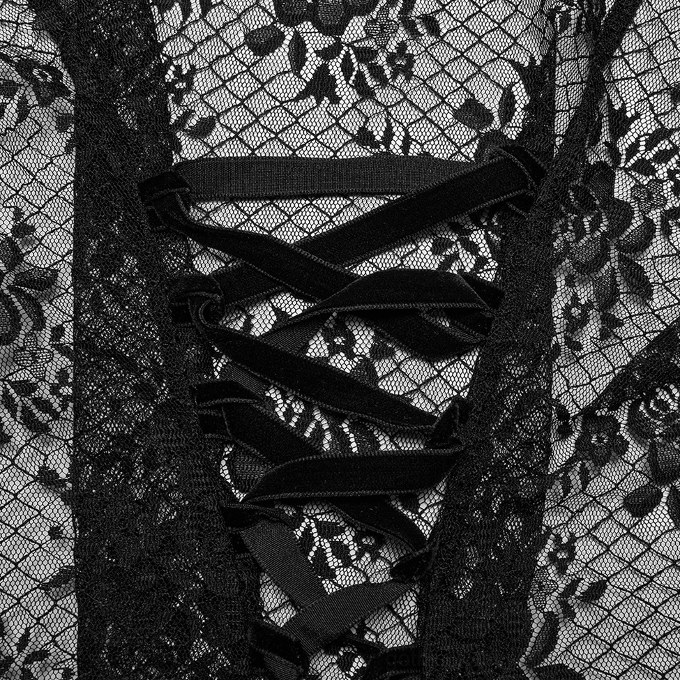 Back corset lace-up detail with velvet ribbon closure and black rose lace fabric pattern