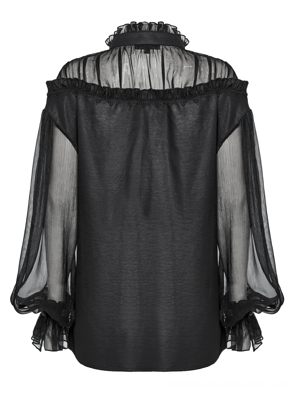 Gothic blouse back flat lay view showing solid black panel with sheer long sleeves