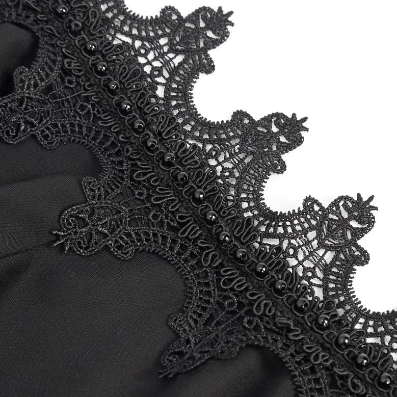Intricate beaded scalloped lace trim detail on black gothic blouse showing floral lace pattern and embellishments