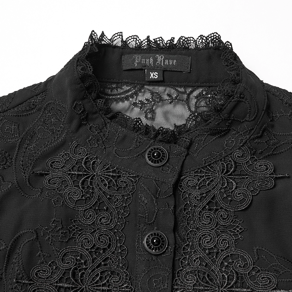 Black gothic blouse collar close-up - lace trim stand collar with decorative buttons