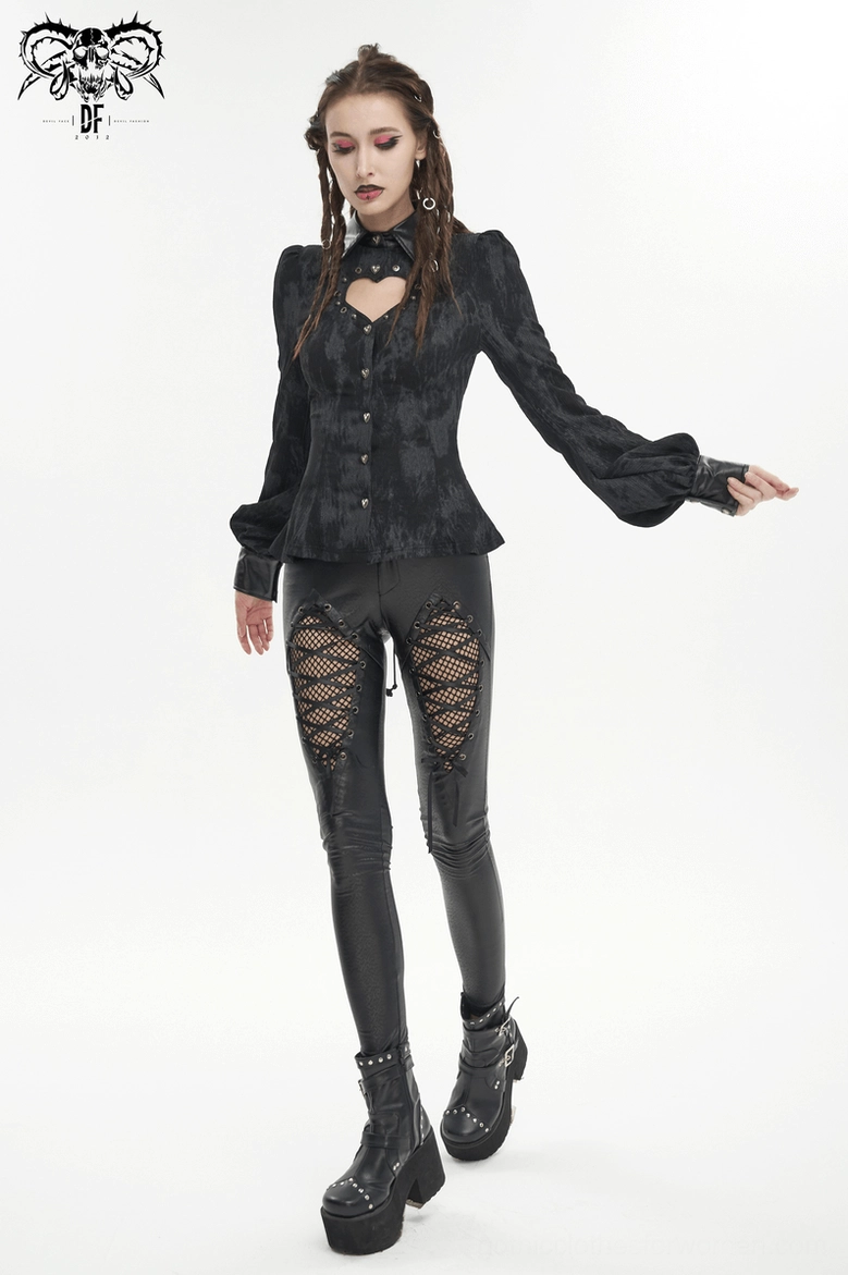 Black gothic corset blouse contemporary dark fashion outfit styling full length view