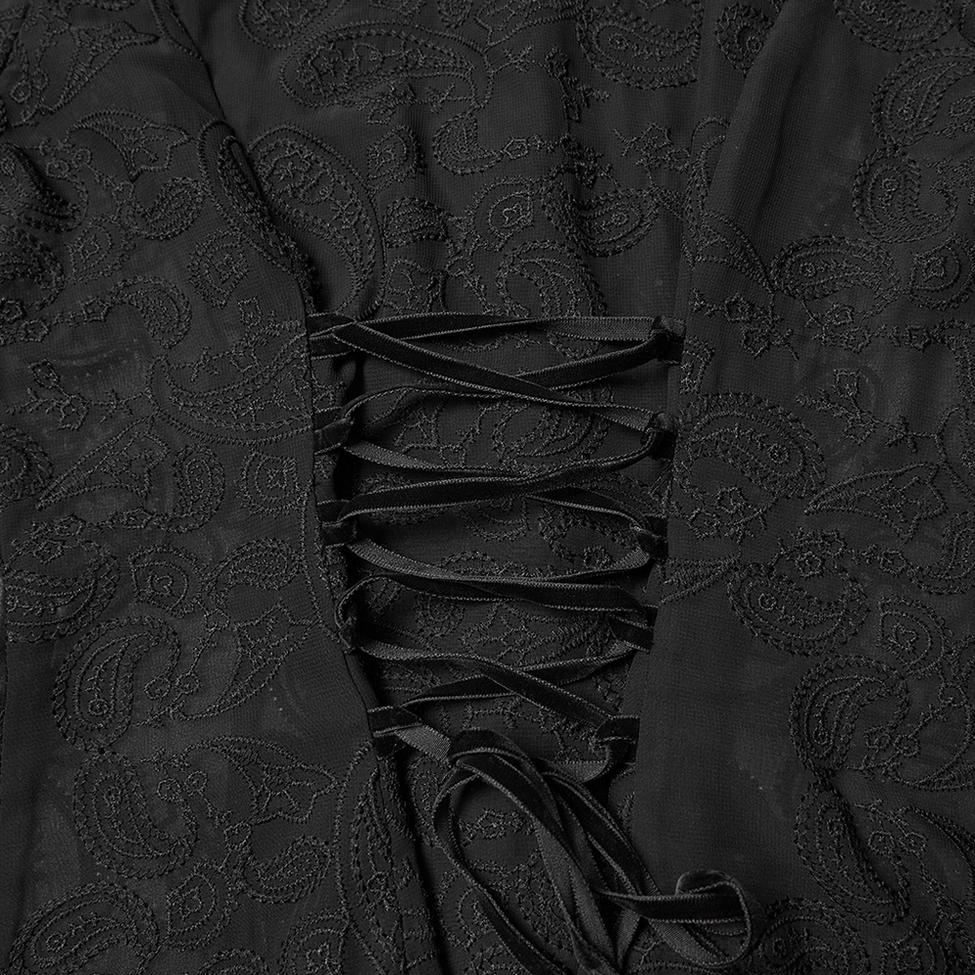Black gothic blouse corset back close-up - satin ribbon lace-up closure and embroidered fabric