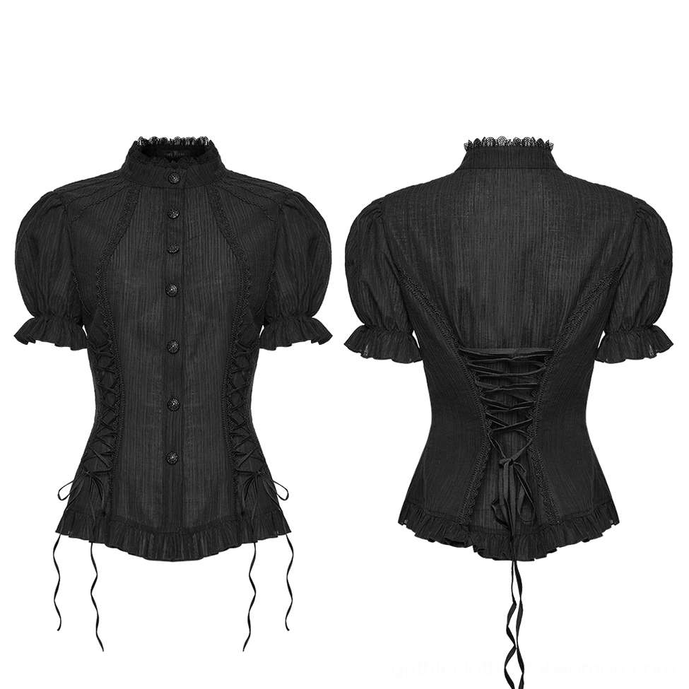 Black gothic puff sleeve blouse flat lay front and back view showing side lace drawstrings and button placket