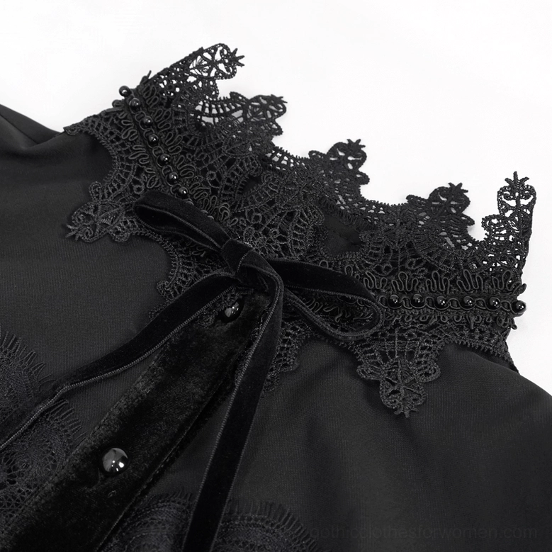 Close-up detail of black gothic blouse crown lace collar with velvet bow tie and beaded lace accents